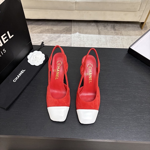 Red Suede And White Cap-Toe Slingback Pumps With Chunky Heels