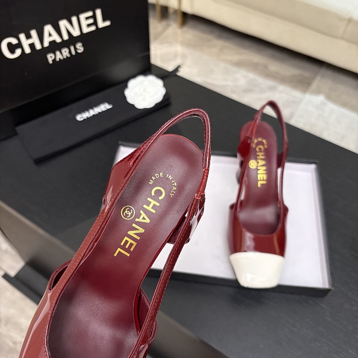 Burgundy Patent Leather Block Heel Slingback Pumps With Contrast Cap Toe