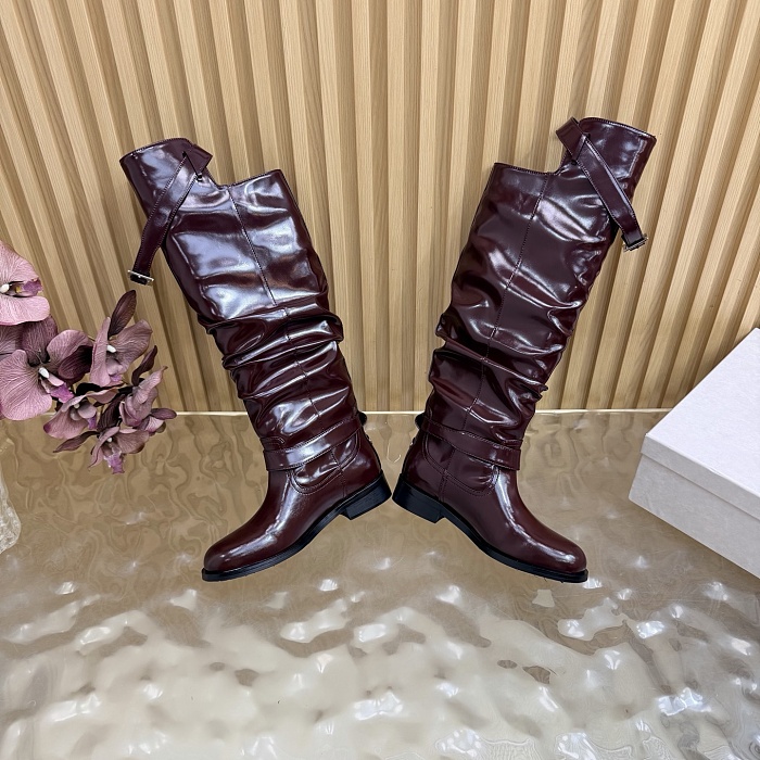 Burgundy Patent Leather Slouchy Knee High Boots With Buckle