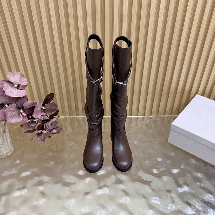 Brown Leather Knee High Boots With Buckle Straps