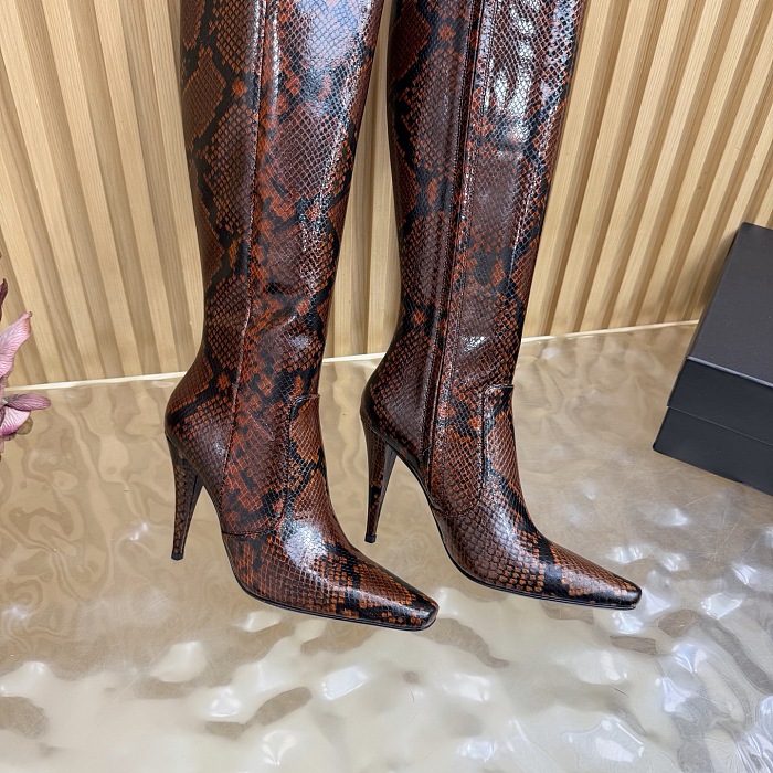 Snake Embossed Pointed Toe High Heel Boots