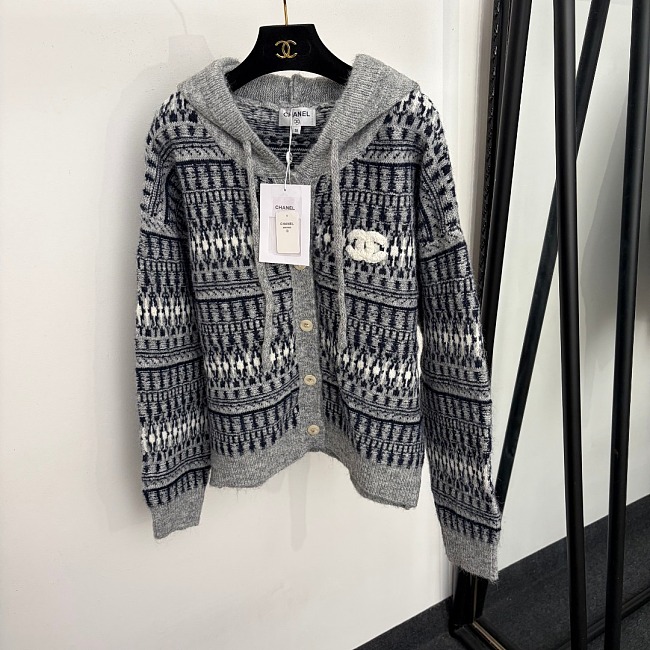 Cozy Icon Embroidered Zip Up Hooded Knit Cardigan