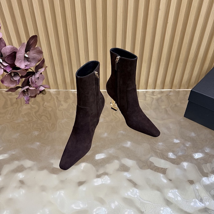 Pointed Toe Suede Heeled Ankle Boots With Metal Heel Detail