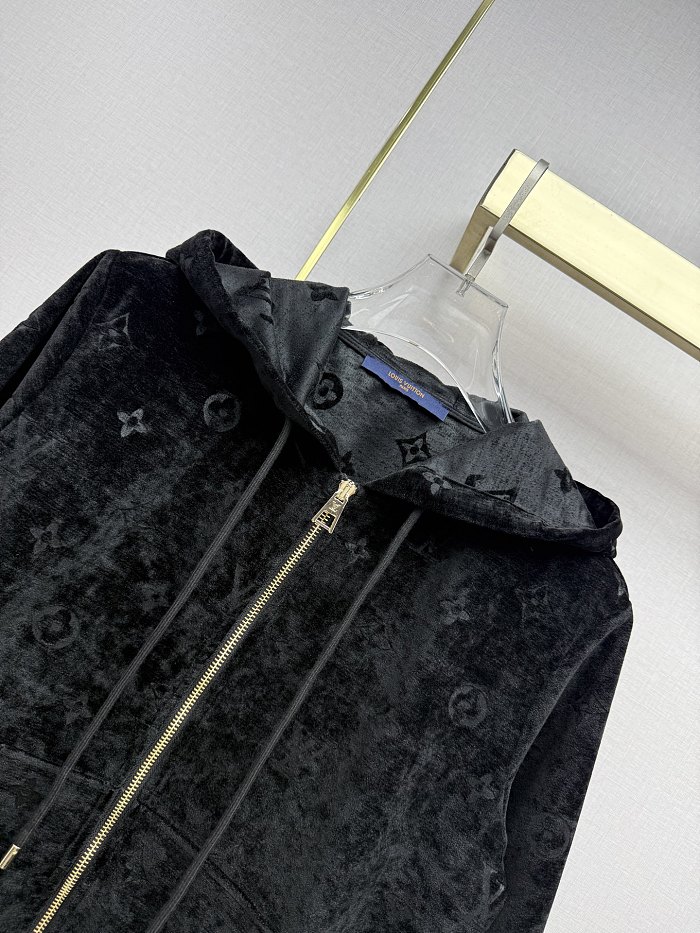 Embossed Velvet Zip Hoodie And Wide Leg Pants Set
