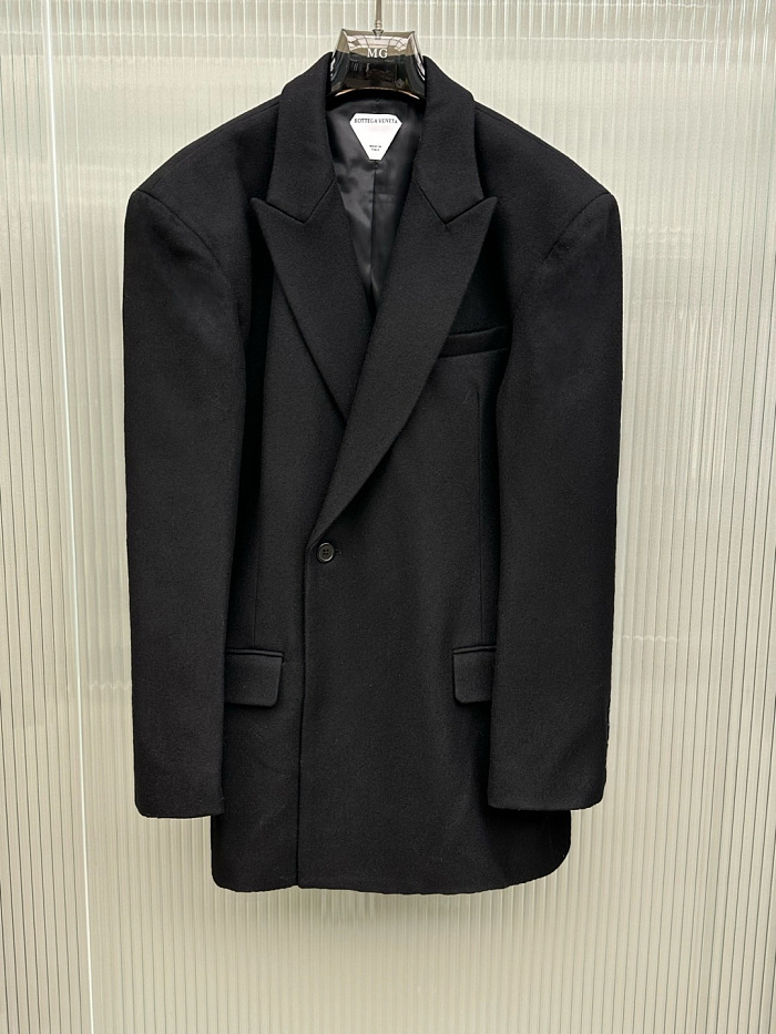 Wide Shoulder Wool Waist Cinching Blazer Jacket