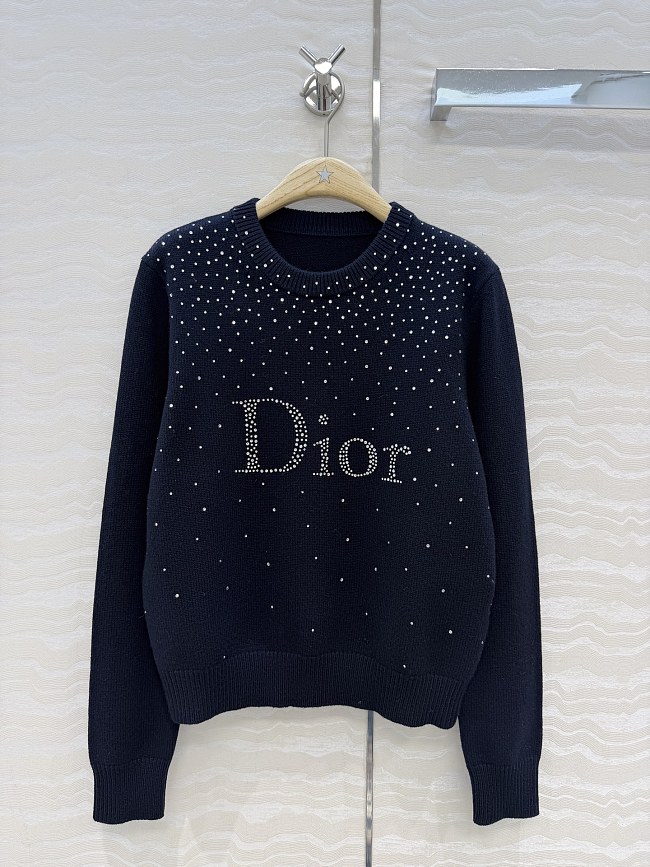 Ombre Rhinestone Embellished Wool Cashmere Sailor Blue Sweater