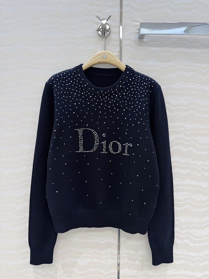 Ombre Rhinestone Embellished Wool Cashmere Sailor Blue Sweater