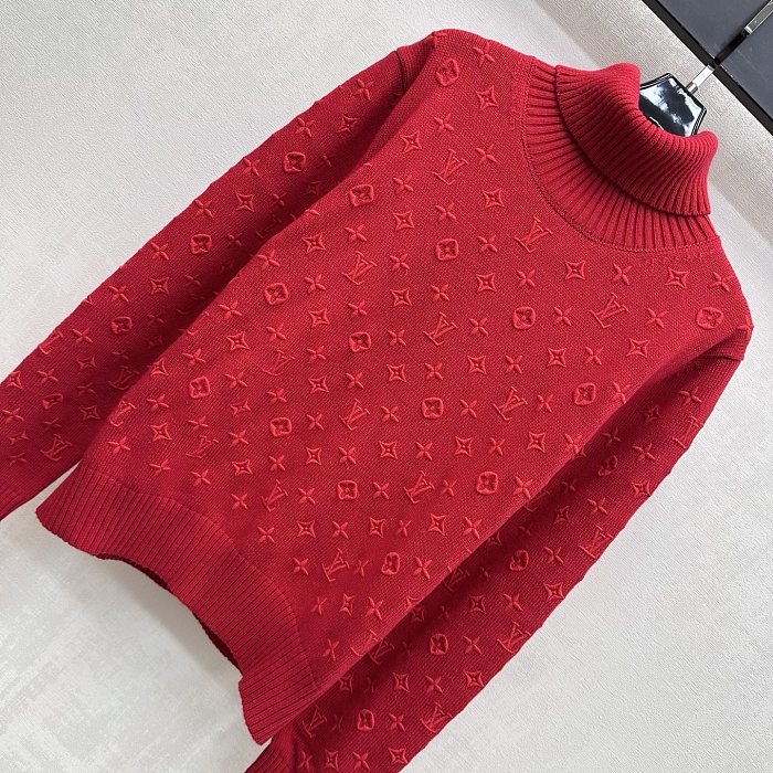 All-Over Embroidered Monogram High Neck Ribbed Knit Pullover Sweater