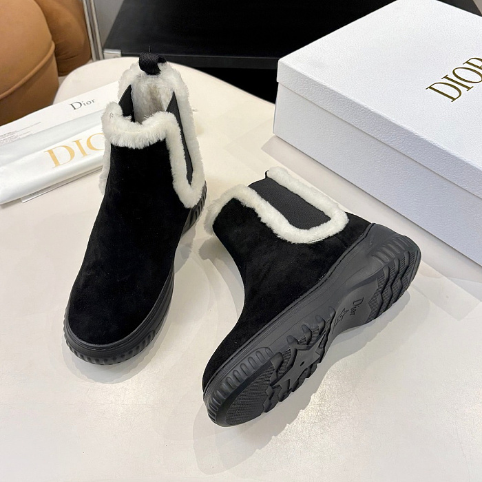 Black Suede Chelsea Boots With Shearling Trim And Chunky Sole