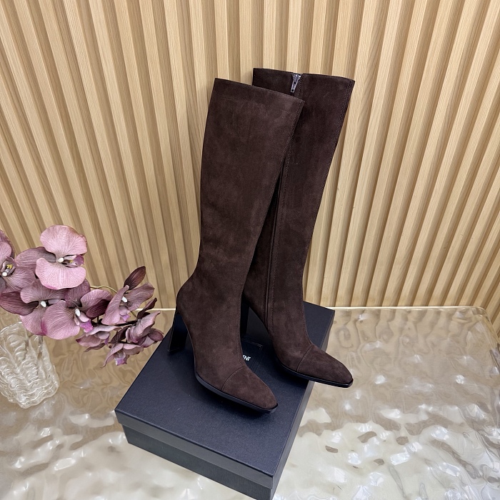 Brown Suede Pointed Toe Chunky Heel Knee High Boots