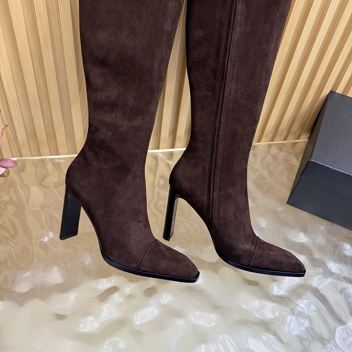 Brown Suede Pointed Toe Chunky Heel Knee High Boots