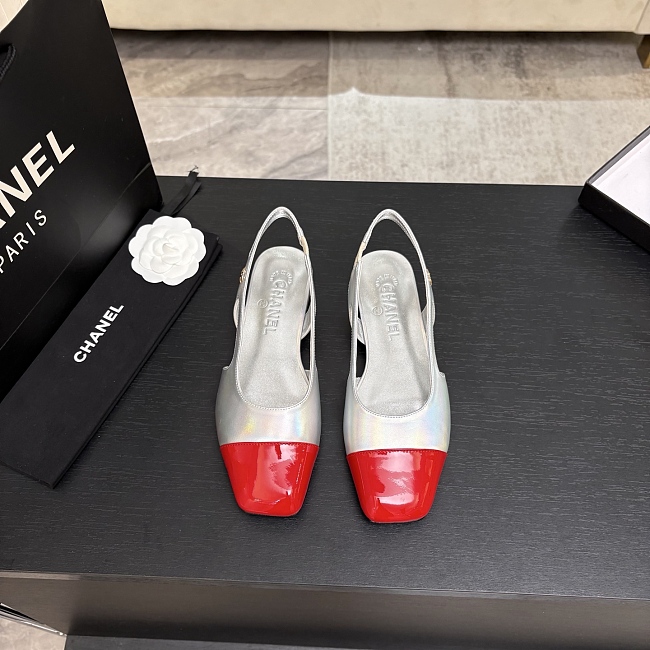 Silver and Red Cap Toe Slingback Flats With Back Strap