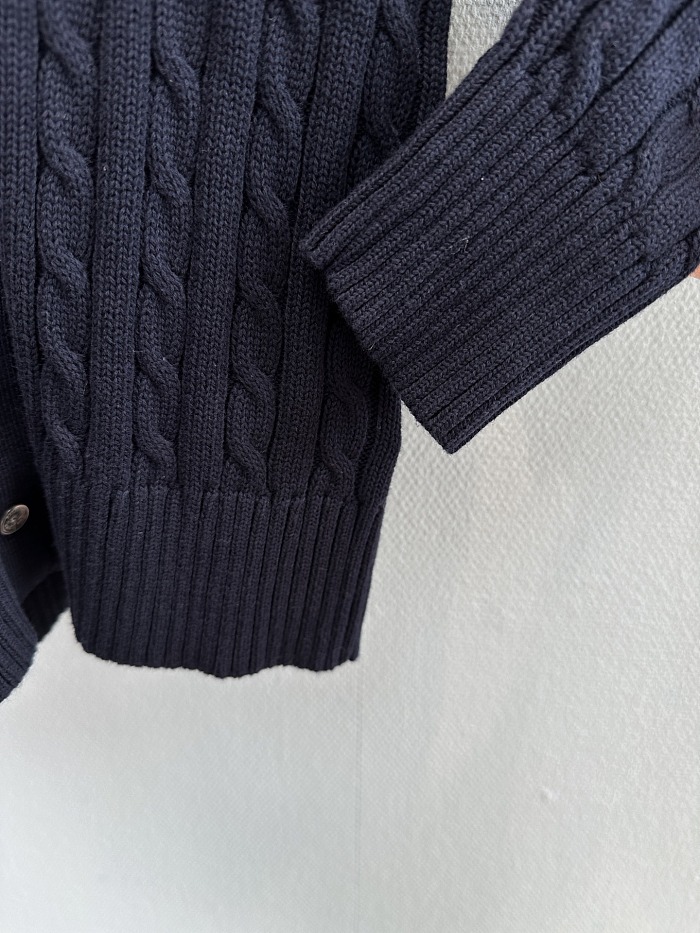 Classic Cable Knit Button Up Cropped Cardigan with Polo Collar