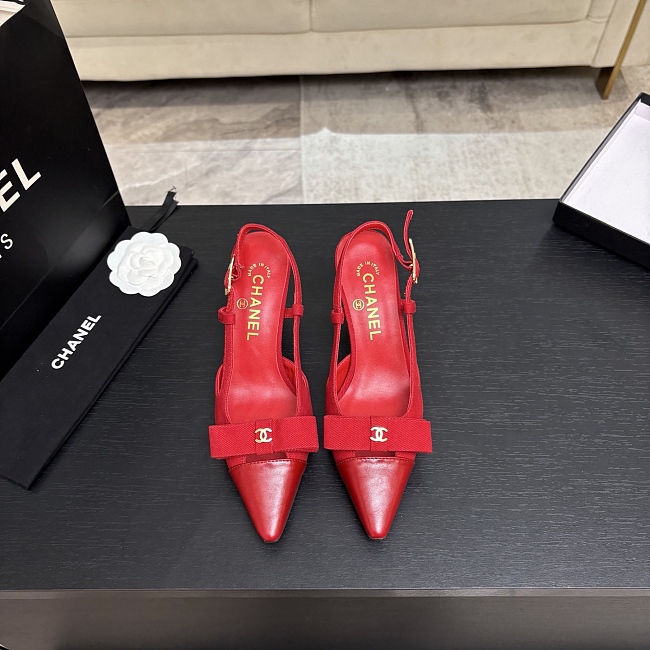 Red Pointed Toe Heeled Slingback Pumps With Bow
