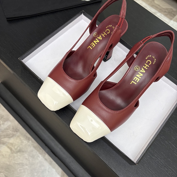 Two Tone Cap Toe Chunky Heel Slingback Pumps