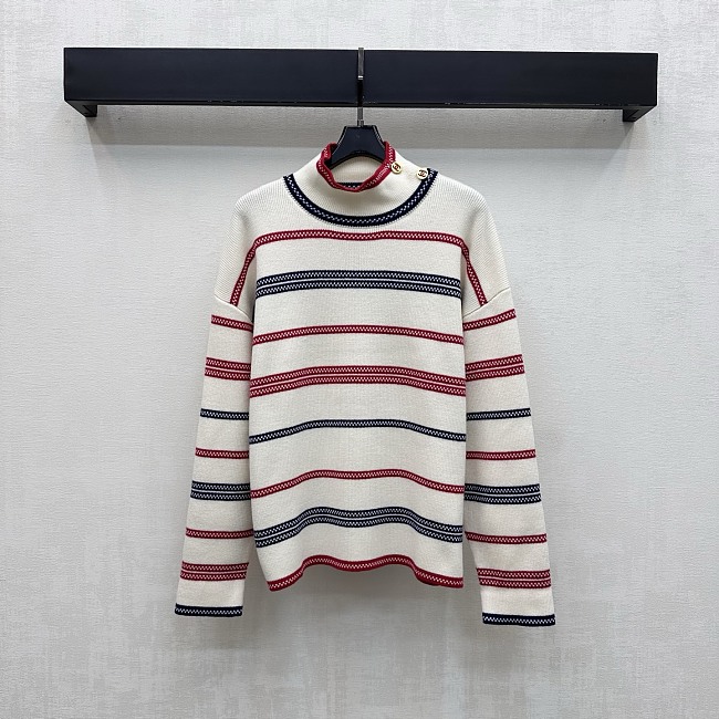 Contrast Striped Mock Neck Knit Sweater With Metal Button Detail