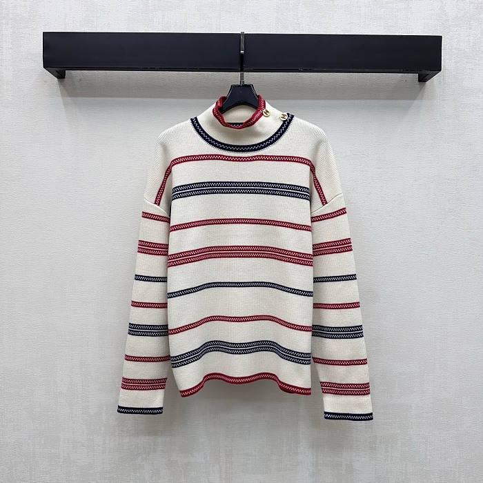 Contrast Striped Mock Neck Knit Sweater With Metal Button Detail