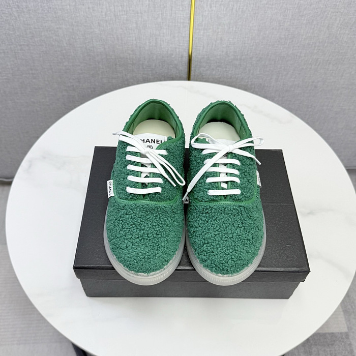 Green Shearling Lace-Up Sneakers With Clear Soles