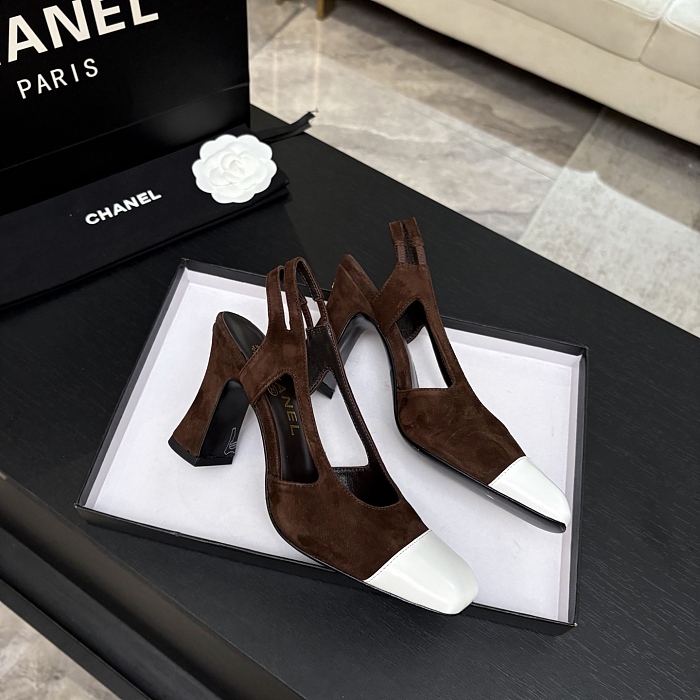 Brown Suede Contrast Cap Toe Slingback Pumps