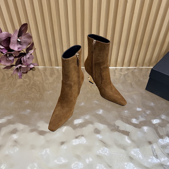 Pointed Toe Suede Heeled Ankle Boots With Metal Heel Detail