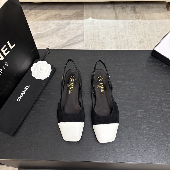 Black Suede Square Toe Slingback Pumps With White Cap Toe