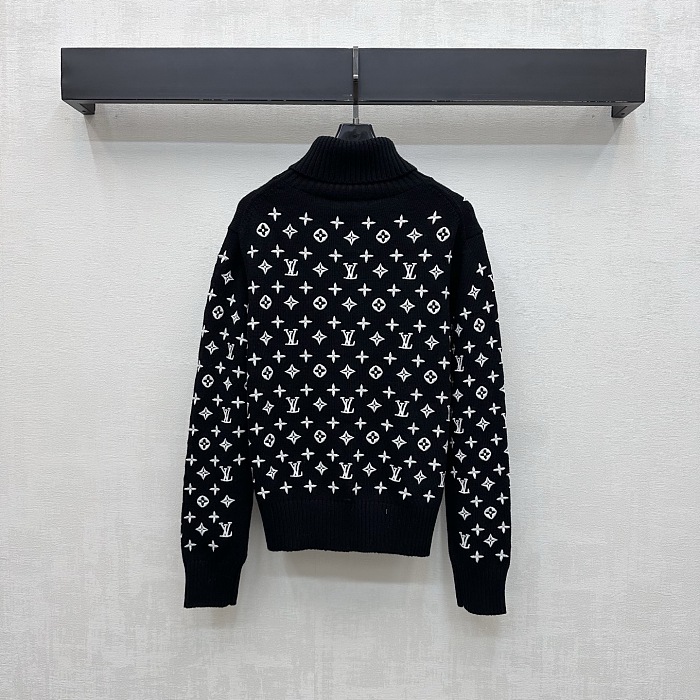 All-Over Embroidered Graphic High Neck Ribbed Knit Pullover Sweater