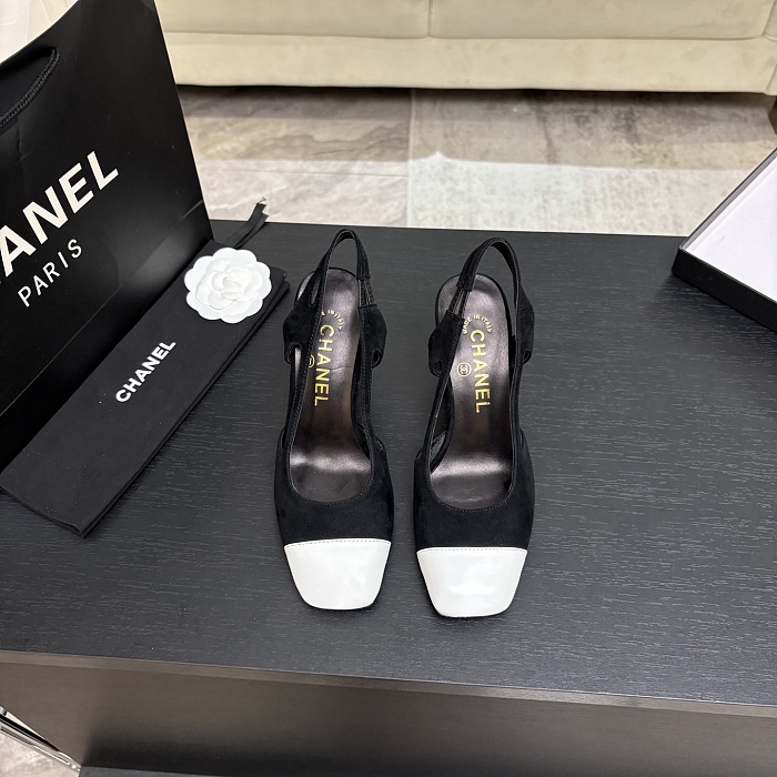 Chunky Heeled Suede Slingback Pumps With Contrasting Cap Toe