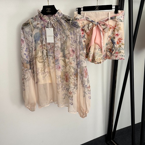 Floral Bird Print Ruffled Collar Long Sleeve Blouse And Tied Waist Shorts Set