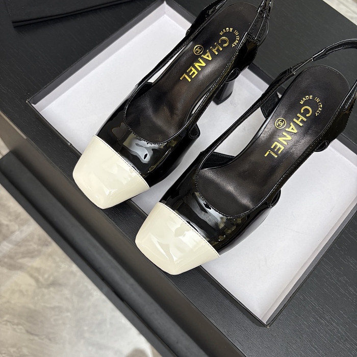 Black Patent Leather Block Heel Mary Jane Shoes With Contrasting White Cap Toe And Slingback Strap