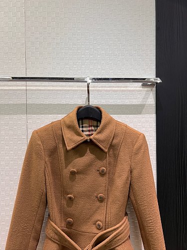 Double Breasted Belted Plaid Lined Peplum Woolen Crop Coat