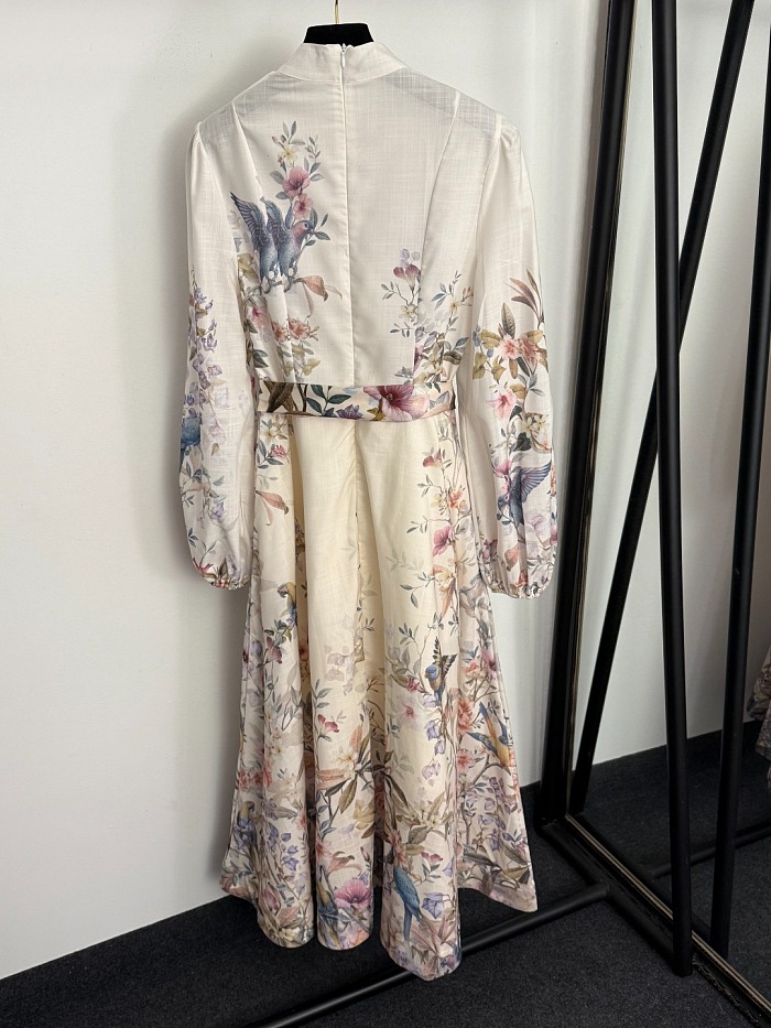 Floral Bird Print Tie Waist Lantern Sleeve Maxi Dress