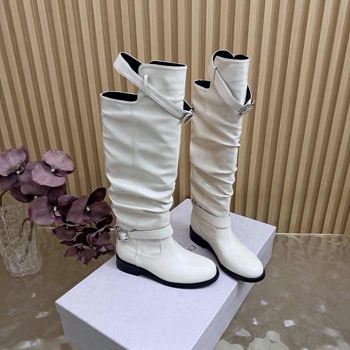 White Leather Buckled Knee High Boots With Chunky Heels