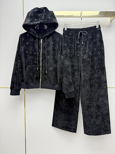 Embossed Velvet Zip Hoodie And Wide Leg Pants Set