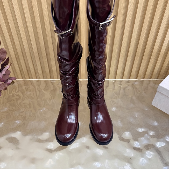 Burgundy Patent Leather Slouchy Knee High Boots With Buckle