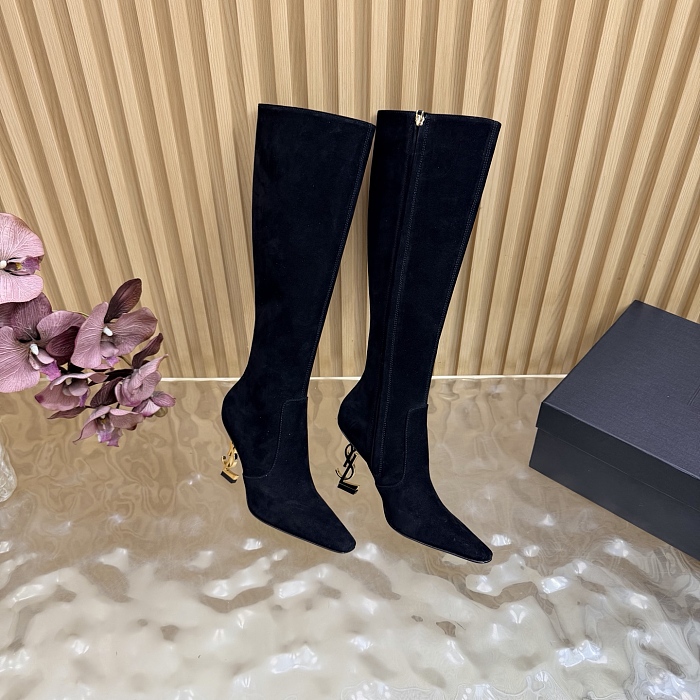 Pointed Toe Suede Heeled Boots With Metallic Accent