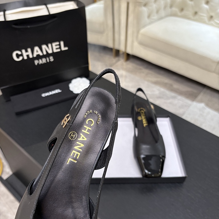 Black Closed Toe Slingback Pumps With Patent Cap Toe