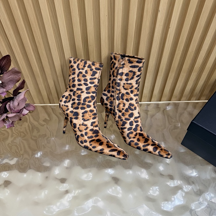 Leopard Print Calf Hair Pointed Toe Stiletto Heeled Ankle Boots