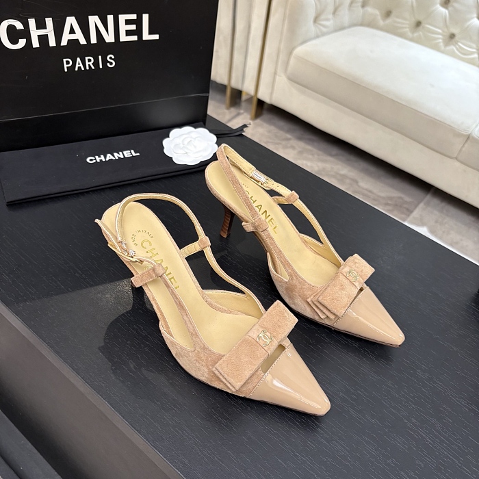 Beige Pointed Toe Suede Slingback Pumps With Bow