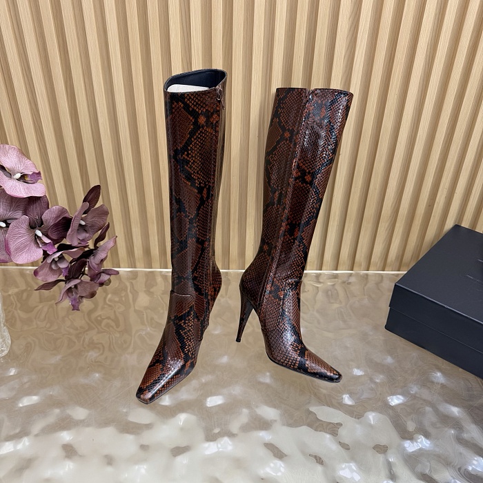 Snake Embossed Pointed Toe High Heel Boots