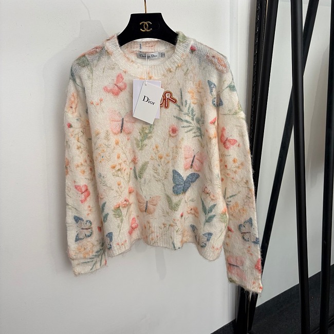 Beaded Letter Patch And Butterfly Print Pullover Knit Sweater