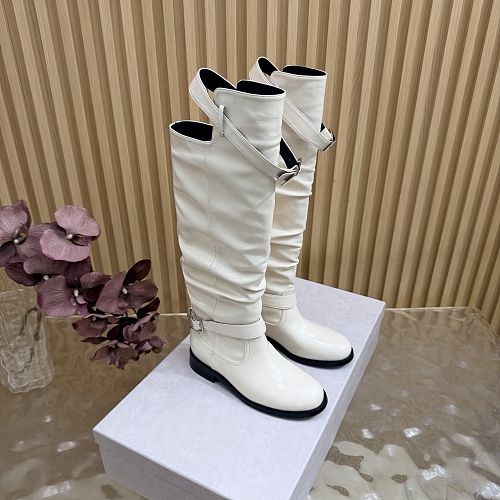 White Leather Buckled Knee High Boots With Chunky Heels