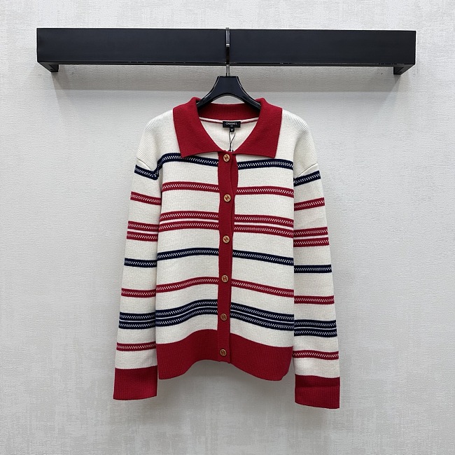 Contrast Collar Striped Knit Cardigan With Metallic Icon Detail