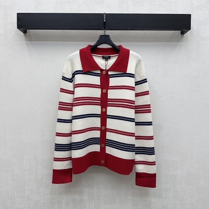 Contrast Collar Striped Knit Cardigan With Metallic Icon Detail