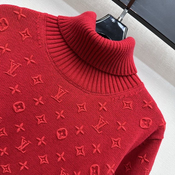 All-Over Embroidered Monogram High Neck Ribbed Knit Pullover Sweater