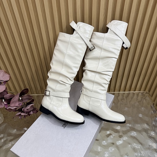 White Leather Buckled Knee High Boots With Chunky Heels