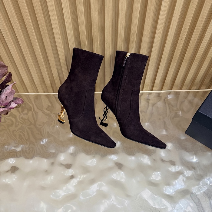 Pointed Toe Suede Heeled Ankle Boots With Metal Heel Detail