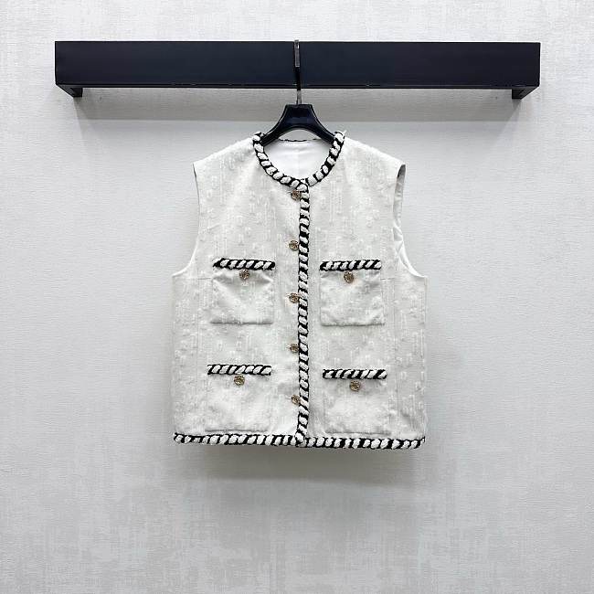 Textured Tweed Braided Trim Open Front Layering Vest