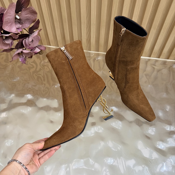 Pointed Toe Suede Heeled Ankle Boots With Metal Heel Detail