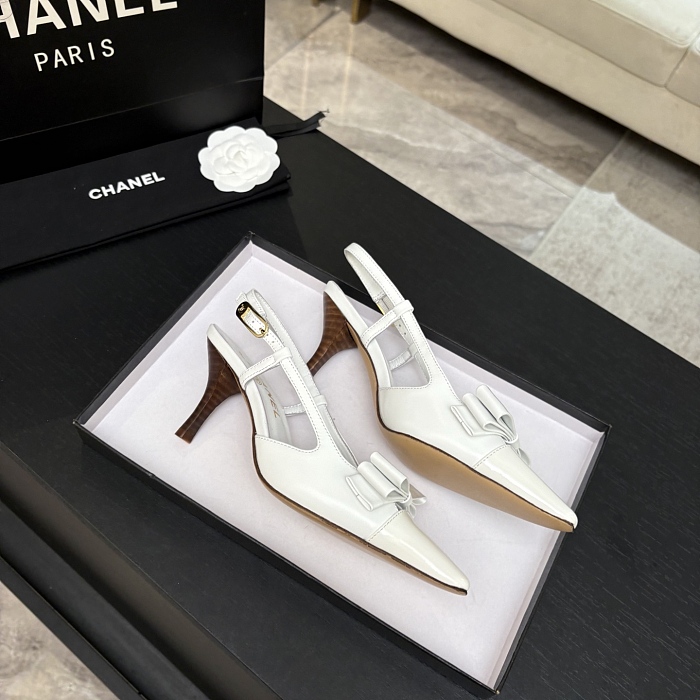 White Pointed Toe Bow Decorated Slingback Pumps