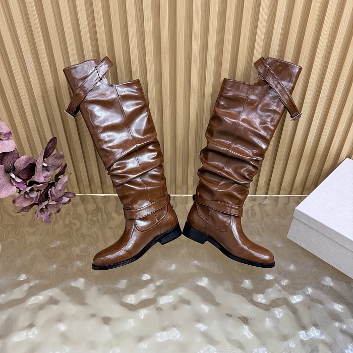 Brown Leather Slouchy Knee High Boots With Buckle Details